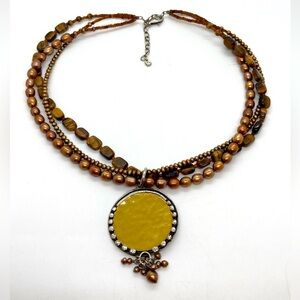 Silpada Tigers Eye Bronze Disc Pearl Sterling Silver Necklace N1838
